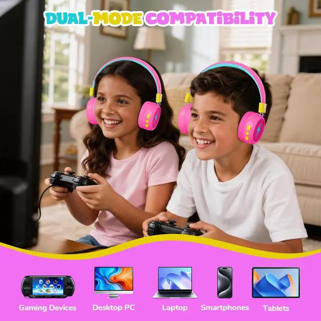 Alt view image 6 of 6 - Kids Bluetooth Headphones, 74/85dB Volume Limited, 60H Playtime, Built-in Mic, Bluetooth 5.4, Fast Charging, Foldable Toddler Wireless Over-Ear with AUX Cord, for iPad/Tablet/Airplane