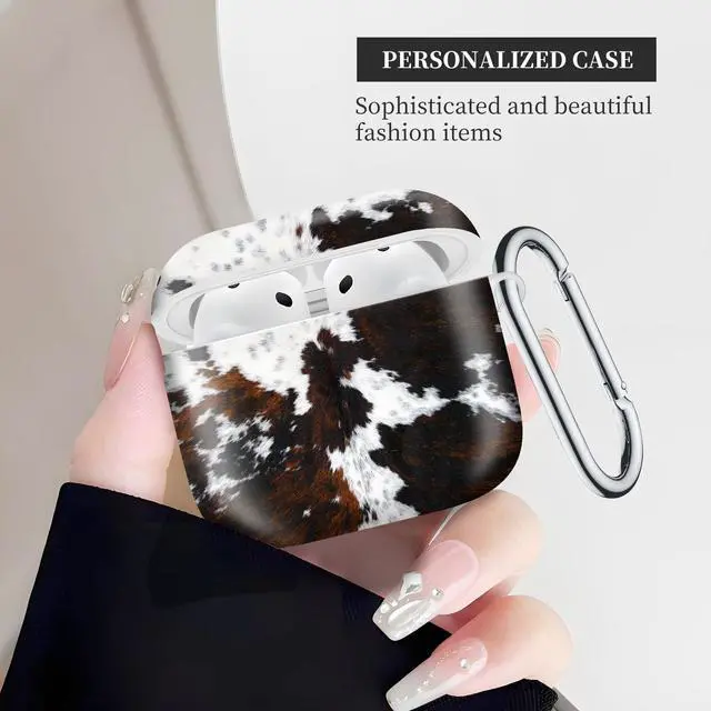 Alt view image 4 of 6 - Case Compatible with AirPod 4th Generation 2024,Shockproof Protective Case Cover with Keychain for Women Men,Wireless Accessorie Charging Cases for Airpod 4th - White Brown Cow Cowhide