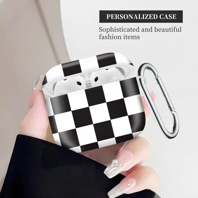 Alt view image 4 of 6 - Case Compatible with AirPod 4th Generation 2024,Shockproof Protective Case Cover with Keychain for Women Men,Wireless Accessorie Charging Cases for Airpod 4th - Black White Checkerboard