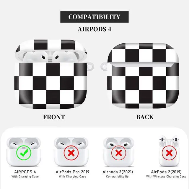 Alt view image 6 of 6 - Case Compatible with AirPod 4th Generation 2024,Shockproof Protective Case Cover with Keychain for Women Men,Wireless Accessorie Charging Cases for Airpod 4th - Black White Checkerboard
