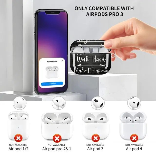 Alt view image 3 of 6 - Compatible with AirPod Pro 3 Case, Cute Hard TPU Protective Cover with Keychain, Shockproof Design Case for Women & Girls,Stay Positive Work Hard Motivational Quote