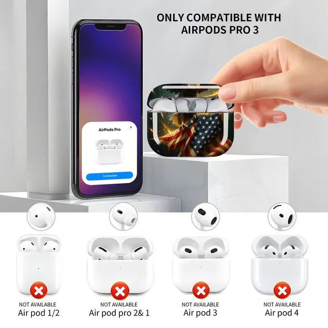 Alt view image 3 of 6 - Compatible with AirPod Pro 3 Case, Cute Hard TPU Protective Cover with Keychain, Shockproof Design Case for Women & Girls,American Eagle Flag