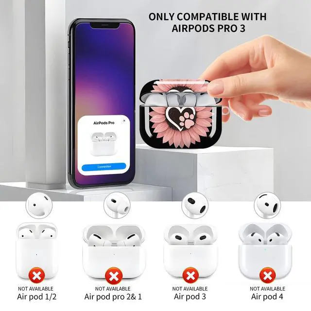 Alt view image 3 of 6 - Compatible with AirPod Pro 3 Case, Cute Hard TPU Protective Cover with Keychain, Shockproof Design Case for Women & Girls,Sunflower Pink Flowers Dog Paw