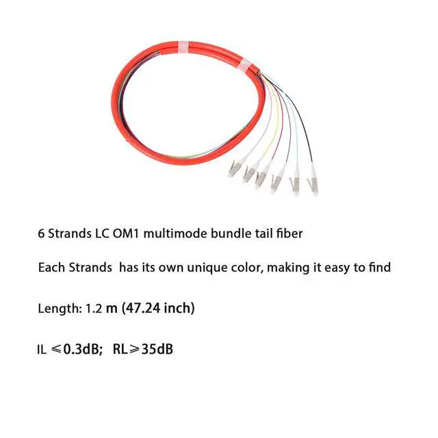Alt view image 2 of 2 - 6-Strand LC OM1 Multimode Pigtail 1.2m, 4-Pack | 6F LC OM1 multimode pigtails, 1.2m (47.24in). 62.5/125um, low insertion loss. For FTTH, data centers, and network patching