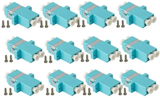 Main image of 12-Pack Aqua Duplex LC to LC Fiber Optic Adapters Couplers for Multimode Fiber Patch Cable | Duplex LC Adapters with Screws