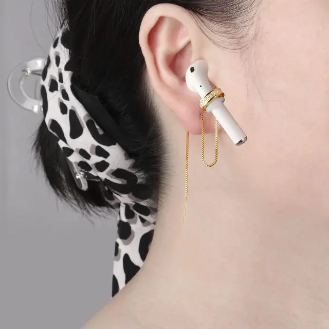 Alt view image 2 of 7 - Anti-Lost Earrings Wireless Earphone Holder chain strap Compatible for Airpods pro 2 1 & Airpods 1 2 3 (Gold Zircon Round)