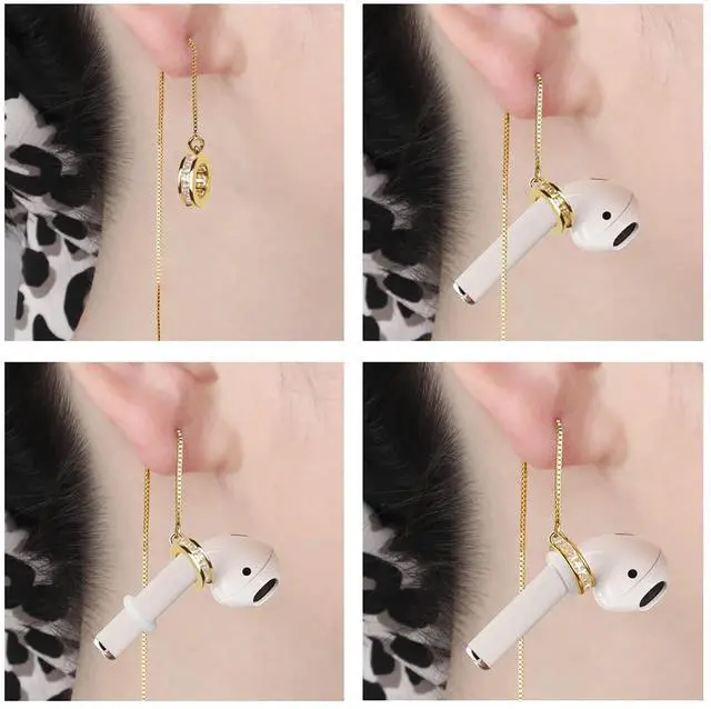 Alt view image 6 of 7 - Anti-Lost Earrings Wireless Earphone Holder chain strap Compatible for Airpods pro 2 1 & Airpods 1 2 3 (Gold Zircon Round)