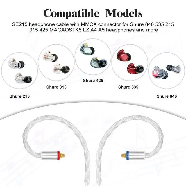 Alt view image 2 of 6 - SE846 Cable Compatible with Shure SE215, SE215 Pro, SE315, SE425, SE425 Pro, SE535, SE846, AONIC 3, AONIC 4, AONIC 5, LZ A4 A5 UE900 Pro Earbuds Earphone, MMCX Replacement Headphone Cable, 4ft
