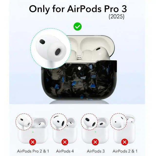 Alt view image 2 of 6 - Real Forged Carbon Fiber Case for AirPods Pro 3 (2025 Release) - Ultra-Thin & Lightweight Hard Shell Protective Cover - Supports MagSafe/Wireless Charging - Glossy Black/Blue