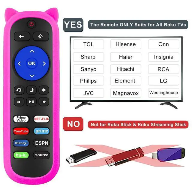 Alt view image 3 of 7 - Pack of 2 IR Remote for Roku TV Remote, for All Roku Built-in TV, for TCL/Onn/Insignia/Hisense/Element/Sharp/Haier/Hitachi/LG/Sanyo/JVC/Magnavox/RCA/Philips/Westinghouse with Anti-Lost Cover