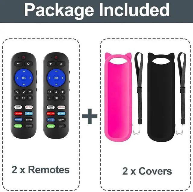 Alt view image 2 of 7 - Pack of 2 IR Remote for Roku TV Remote, for All Roku Built-in TV, for TCL/Onn/Insignia/Hisense/Element/Sharp/Haier/Hitachi/LG/Sanyo/JVC/Magnavox/RCA/Philips/Westinghouse with Anti-Lost Cover