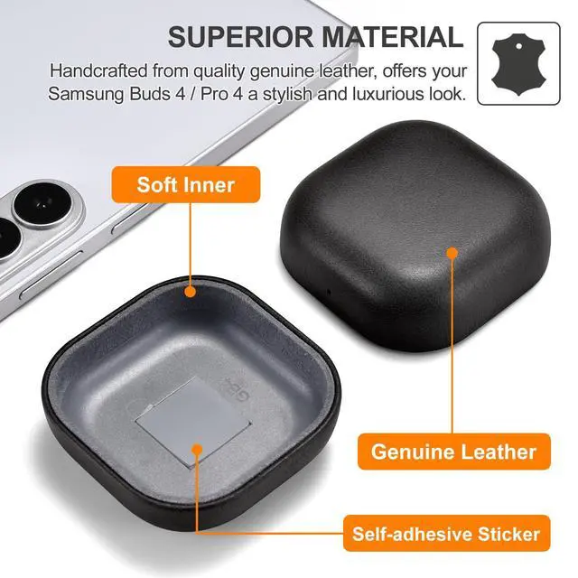 Alt view image 2 of 7 - Galaxy Buds 4 Case/Galaxy Buds 4 Pro Genuine Leather Case (Black) | Handmade, Top Grain Leather, Shockproof, Wireless Charging Compatible, Samsung Buds 4/Buds 4 Pro