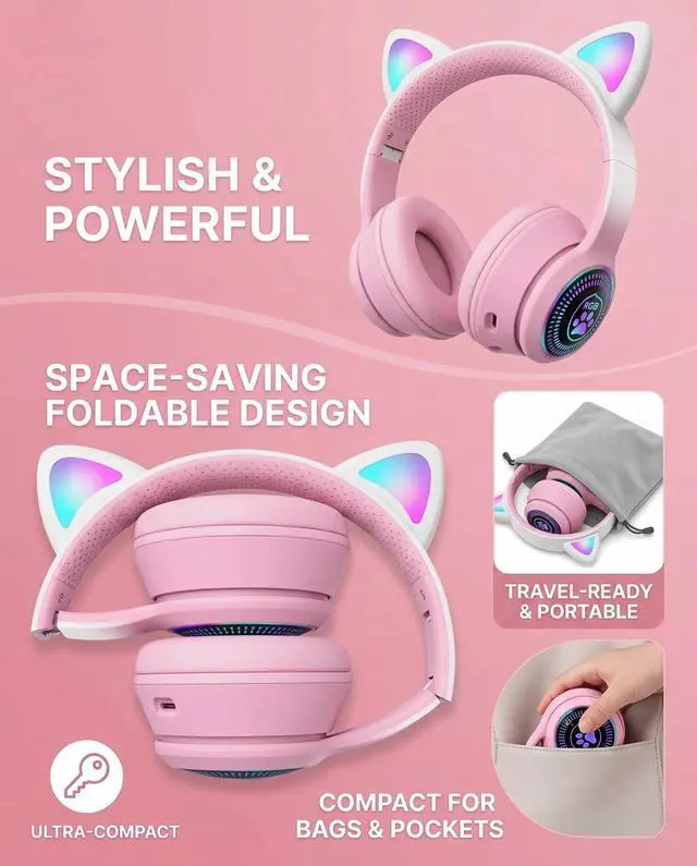 Alt view image 2 of 6 - Cat Ear Gaming Bluetooth 5.3 Wireless Foldable Headphones with LED Light, Stereo Game Surround Sound Over-Ear Headsets with Microphone AUX for PC, Pad, Mobile, Laptop, Game, Kids, Gift