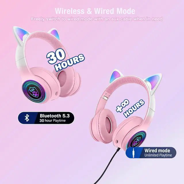 Alt view image 3 of 6 - Cat Ear Gaming Bluetooth 5.3 Wireless Foldable Headphones with LED Light, Stereo Game Surround Sound Over-Ear Headsets with Microphone AUX for PC, Pad, Mobile, Laptop, Game, Kids, Gift