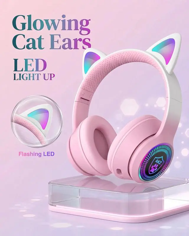 Alt view image 4 of 6 - Cat Ear Gaming Bluetooth 5.3 Wireless Foldable Headphones with LED Light, Stereo Game Surround Sound Over-Ear Headsets with Microphone AUX for PC, Pad, Mobile, Laptop, Game, Kids, Gift