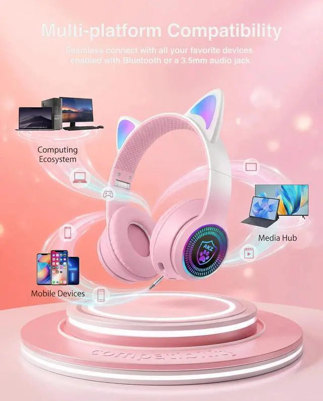 Alt view image 5 of 6 - Cat Ear Gaming Bluetooth 5.3 Wireless Foldable Headphones with LED Light, Stereo Game Surround Sound Over-Ear Headsets with Microphone AUX for PC, Pad, Mobile, Laptop, Game, Kids, Gift