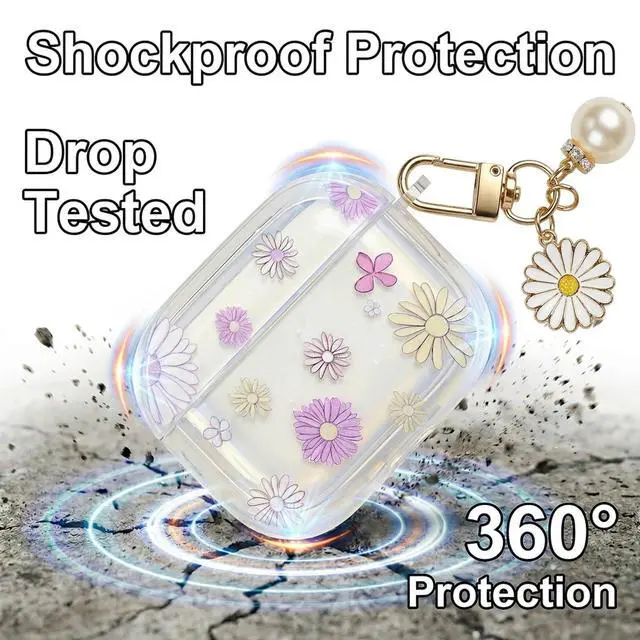 Alt view image 2 of 6 - Cute Floral Clear Case Compatible with AirPods Pro 3rd Generation, Shockproof Hard Transparent Cover with Wrist Strap Bracelet, Slim Protective Case for AirPods Pro 3-Lavender Flower Design