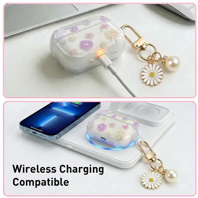 Alt view image 3 of 6 - Cute Floral Clear Case Compatible with AirPods Pro 3rd Generation, Shockproof Hard Transparent Cover with Wrist Strap Bracelet, Slim Protective Case for AirPods Pro 3-Lavender Flower Design