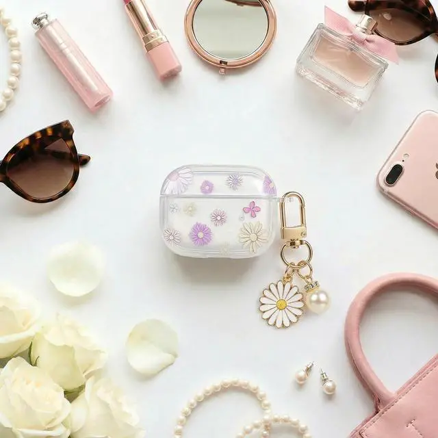 Alt view image 4 of 6 - Cute Floral Clear Case Compatible with AirPods Pro 3rd Generation, Shockproof Hard Transparent Cover with Wrist Strap Bracelet, Slim Protective Case for AirPods Pro 3-Lavender Flower Design