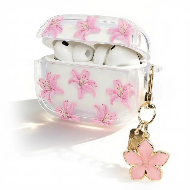 Main image of Cute Floral Clear Case Compatible with AirPods Pro 3rd Generation, Shockproof Hard Transparent Cover with Wrist Strap Bracelet, Slim Protective Case for AirPods Pro 3 (Peach Flower Design)