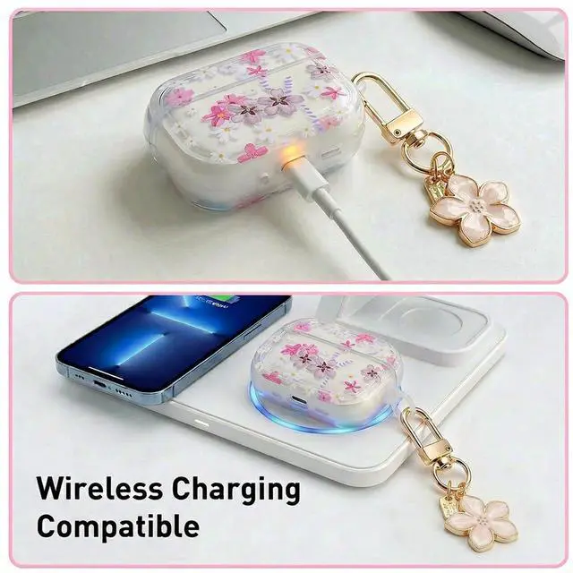 Alt view image 3 of 6 - Cute Floral Clear Case Compatible with AirPods Pro 3rd Generation, Shockproof Hard Transparent Cover with Wrist Strap Bracelet, Slim Protective Case for AirPods Pro 3 (Purple Flower Design)
