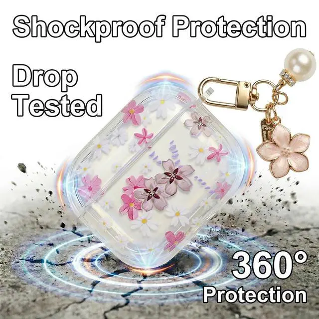 Alt view image 2 of 6 - Cute Floral Clear Case Compatible with AirPods Pro 3rd Generation, Shockproof Hard Transparent Cover with Wrist Strap Bracelet, Slim Protective Case for AirPods Pro 3 (Purple Flower Design)