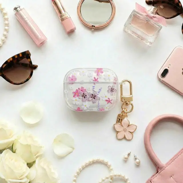 Alt view image 4 of 6 - Cute Floral Clear Case Compatible with AirPods Pro 3rd Generation, Shockproof Hard Transparent Cover with Wrist Strap Bracelet, Slim Protective Case for AirPods Pro 3 (Purple Flower Design)