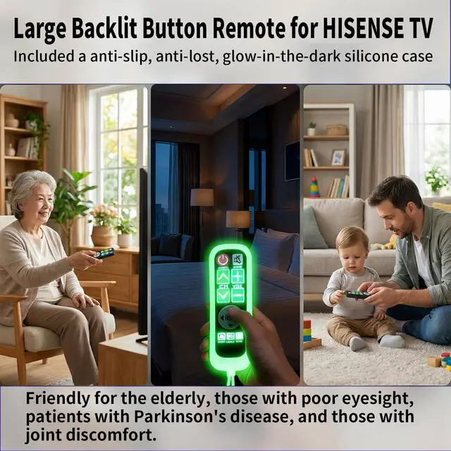 Alt view image 6 of 7 - Backlit Big Button TV Remote Replacement for Hisense TV with Cover & Hook, Universal Remote No Setup for Seniors People with Poor Vision,Parkinson's Disease Patient