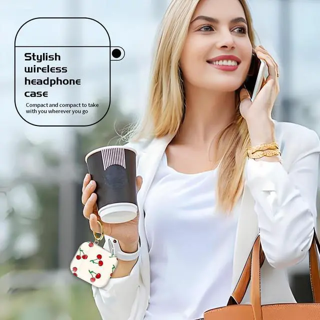 Alt view image 3 of 7 - Compatible with AirPod 1/2 Case Cover with Golden Keychain, TPU Protective Shockproof Case for AirPod 1st&2nd Generation for Girls WomenCute Cherry Beige