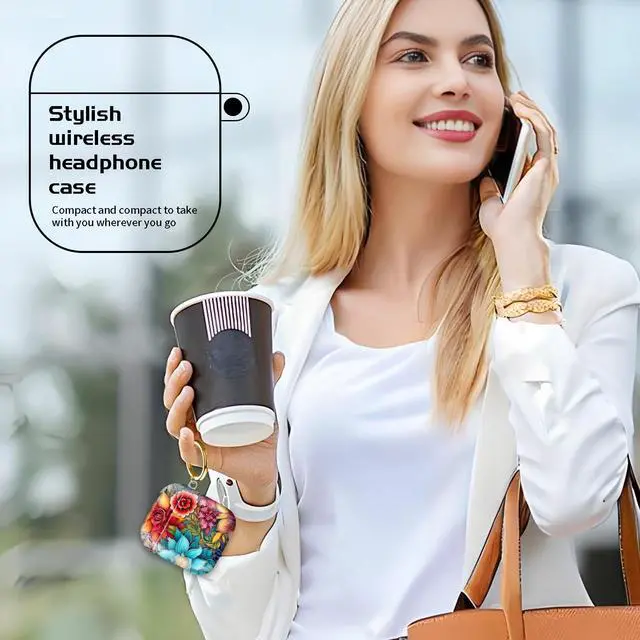 Alt view image 3 of 7 - Compatible with AirPod 1/2 Case Cover with Golden Keychain, TPU Protective Shockproof Case for AirPod 1st&2nd Generation for Girls WomenColorful Flower.png
