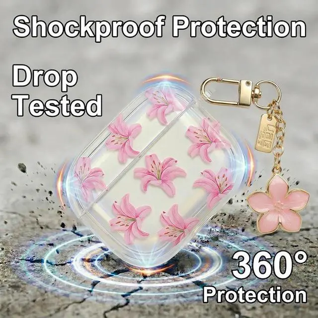 Alt view image 2 of 6 - Cute Floral Clear Case Compatible with AirPods Pro 3rd Generation, Shockproof Hard Transparent Cover with Wrist Strap Bracelet, Slim Protective Case for AirPods Pro 3 (Peach Flower Design)