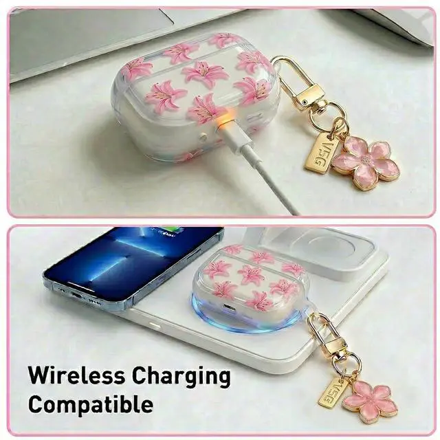 Alt view image 3 of 6 - Cute Floral Clear Case Compatible with AirPods Pro 3rd Generation, Shockproof Hard Transparent Cover with Wrist Strap Bracelet, Slim Protective Case for AirPods Pro 3 (Peach Flower Design)