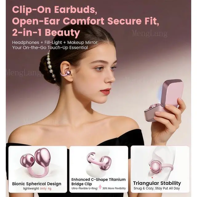 Alt view image 2 of 6 - Open Ear Clip Wireless Earbuds Bluetooth 6.0, Lightweight Comfort Sports Bone Conduction Headphones,Open Ear Headphones, Stable Fit Earphones with LED Makeup Mirror Case