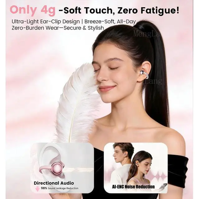 Alt view image 3 of 6 - Open Ear Clip Wireless Earbuds Bluetooth 6.0, Lightweight Comfort Sports Bone Conduction Headphones,Open Ear Headphones, Stable Fit Earphones with LED Makeup Mirror Case
