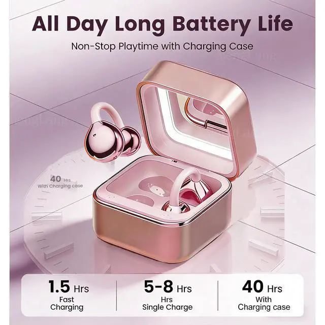 Alt view image 5 of 6 - Open Ear Clip Wireless Earbuds Bluetooth 6.0, Lightweight Comfort Sports Bone Conduction Headphones,Open Ear Headphones, Stable Fit Earphones with LED Makeup Mirror Case