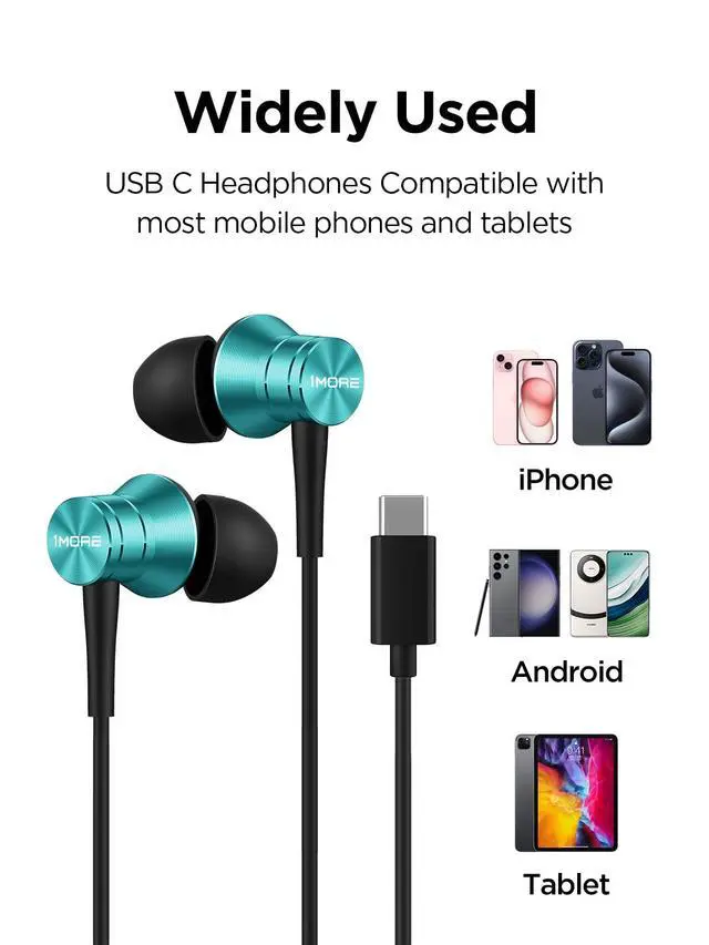 Alt view image 6 of 7 - 2-Pack Piston-Fit Headphones, USB-C in Ear Ear Buds with Mic, Wired Earbuds, Noise Isolation, Control Button, Comfortable Earphones for iPhone 17/16/15/Samsung/Tablet, Blue