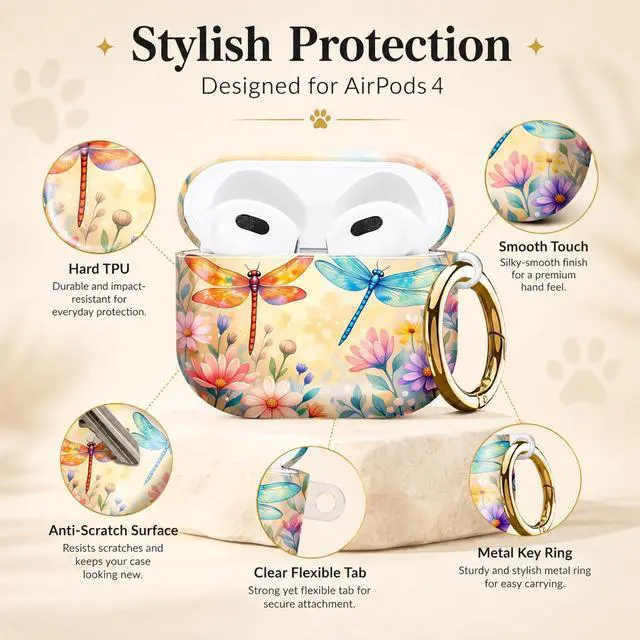 Alt view image 2 of 6 - Compatible with AirPod 4 Case 2024 Hard Shell Protective Cover for Airpod 4th Generation with Gold Ring Keychain Shockproof Anti-Scratch Case for Women Men(Dragonfly Floral Watercolor)