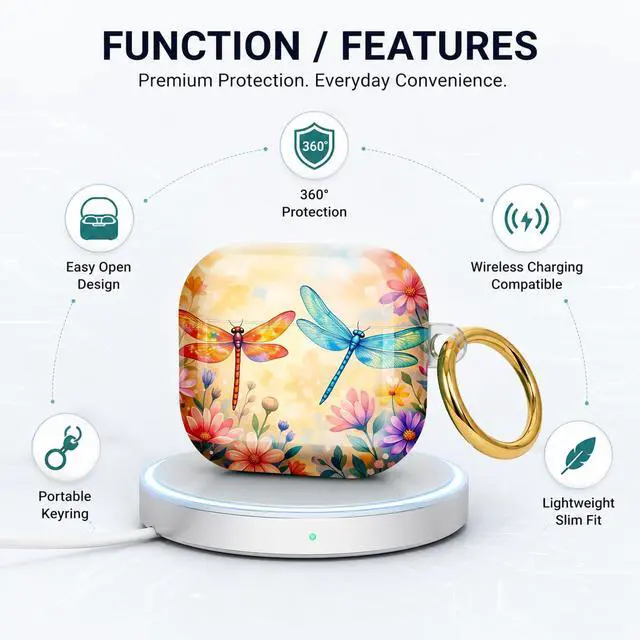 Alt view image 3 of 6 - Compatible with AirPod 4 Case 2024 Hard Shell Protective Cover for Airpod 4th Generation with Gold Ring Keychain Shockproof Anti-Scratch Case for Women Men(Dragonfly Floral Watercolor)