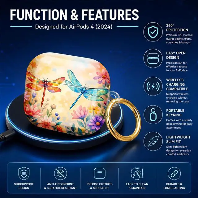 Alt view image 4 of 6 - Compatible with AirPod 4 Case 2024 Hard Shell Protective Cover for Airpod 4th Generation with Gold Ring Keychain Shockproof Anti-Scratch Case for Women Men(Dragonfly Floral Watercolor)