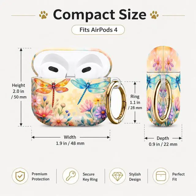 Alt view image 5 of 6 - Compatible with AirPod 4 Case 2024 Hard Shell Protective Cover for Airpod 4th Generation with Gold Ring Keychain Shockproof Anti-Scratch Case for Women Men(Dragonfly Floral Watercolor)