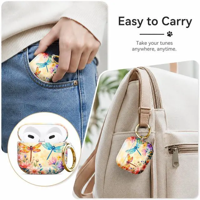 Alt view image 6 of 6 - Compatible with AirPod 4 Case 2024 Hard Shell Protective Cover for Airpod 4th Generation with Gold Ring Keychain Shockproof Anti-Scratch Case for Women Men(Dragonfly Floral Watercolor)
