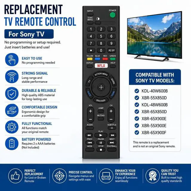 Alt view image 2 of 6 - Replacement TV Remote Control for Sony KDL-40W600B XBR-55X850D KDL-48W600B XBR-65X850D XBR-65X900E XBR-55X900EXBR-65X900F TV Model Numbers