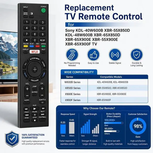 Alt view image 3 of 6 - Replacement TV Remote Control for Sony KDL-40W600B XBR-55X850D KDL-48W600B XBR-65X850D XBR-65X900E XBR-55X900EXBR-65X900F TV Model Numbers