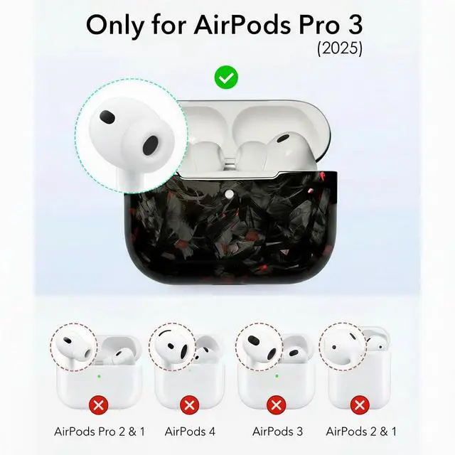 Alt view image 2 of 6 - Real Forged Carbon Fiber Case for AirPods Pro 3 (2025 Release) - Ultra-Thin & Lightweight Hard Shell Protective Cover - Supports MagSafe/Wireless Charging - Glossy Black/Red