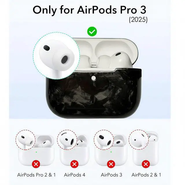 Alt view image 2 of 6 - Real Forged Carbon Fiber Case for AirPods Pro 3 (2025 Release) - Ultra-Thin & Lightweight Hard Shell Protective Cover - Supports MagSafe/Wireless Charging - Glossy Black