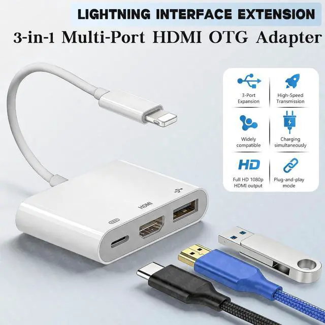 Alt view image 2 of 7 - HDMI Splitter, 3 in 1 USB Camera Adapter with 1080P Digital AV HDMI + Charging Splitter, Support USB Flash Drive, MIDI Keyboard, Mouse, Ethernet Adapter