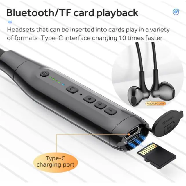 Alt view image 5 of 6 - Wireless Bluetooth Earbuds Neckband with TF Card Slot, 200H Playtime Headphones,Waterproof in-Ear Earphones with Power Display Magnetic ENC Noise Cancellation Headsets for Sports Home Office(white)