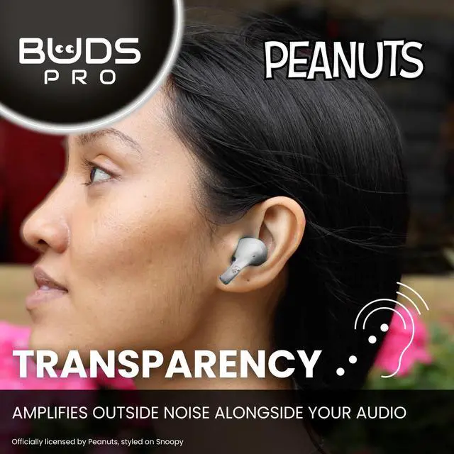 Alt view image 4 of 7 - Buds Pro Peanuts Snoopy Wireless Bluetooth EarBuds & Phone Holder - In Ear Headphones with Microphone, 28+ Hours Playtime, Active Noise Cancelling Wireless Earbuds with IPX4 Rating & Charging Case