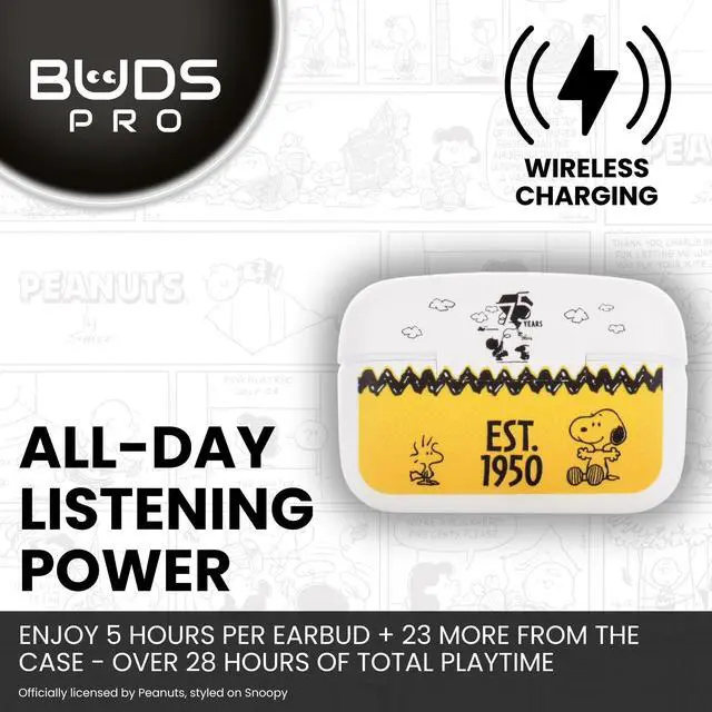 Alt view image 3 of 7 - Buds Pro Peanuts Snoopy Wireless Bluetooth EarBuds & Phone Holder - In Ear Headphones with Microphone, 28+ Hours Playtime, Active Noise Cancelling Wireless Earbuds with IPX4 Rating & Charging Case