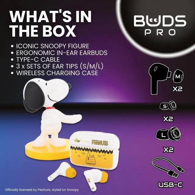 Alt view image 7 of 7 - Buds Pro Peanuts Snoopy Wireless Bluetooth EarBuds & Phone Holder - In Ear Headphones with Microphone, 28+ Hours Playtime, Active Noise Cancelling Wireless Earbuds with IPX4 Rating & Charging Case